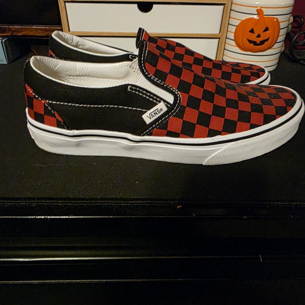 Vans Classic Slip-On Red & Black Checkerboard Sneakers, Women's Size 9.5